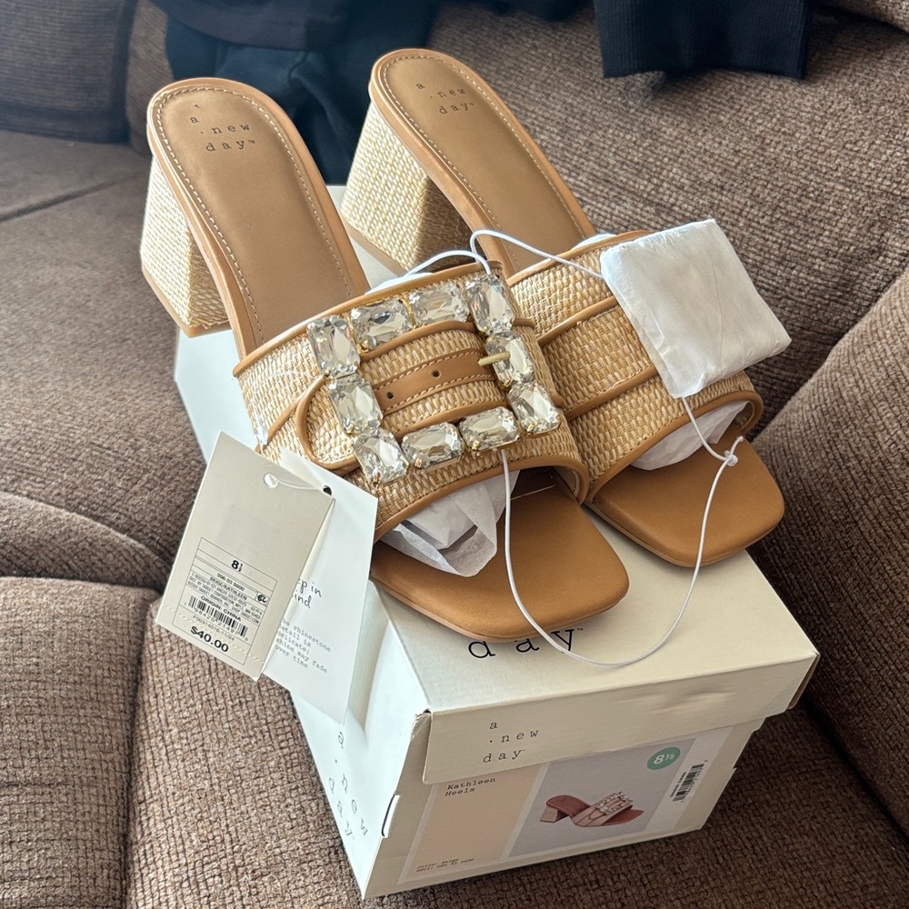 A New Day Brown Heeled Sandals with Crystal Buckle